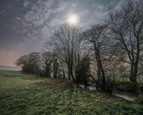 Nightscapes: The Crimple Valley on a moonlit night. A row of bare-branched trees stands silhouetted against a moody sky, lit by a soft glow of the moon peeking through scattered clouds. Below, a mist lightly veils the rolling fields, enhancing the peaceful countryside ambiance. a large green field with trees in the background