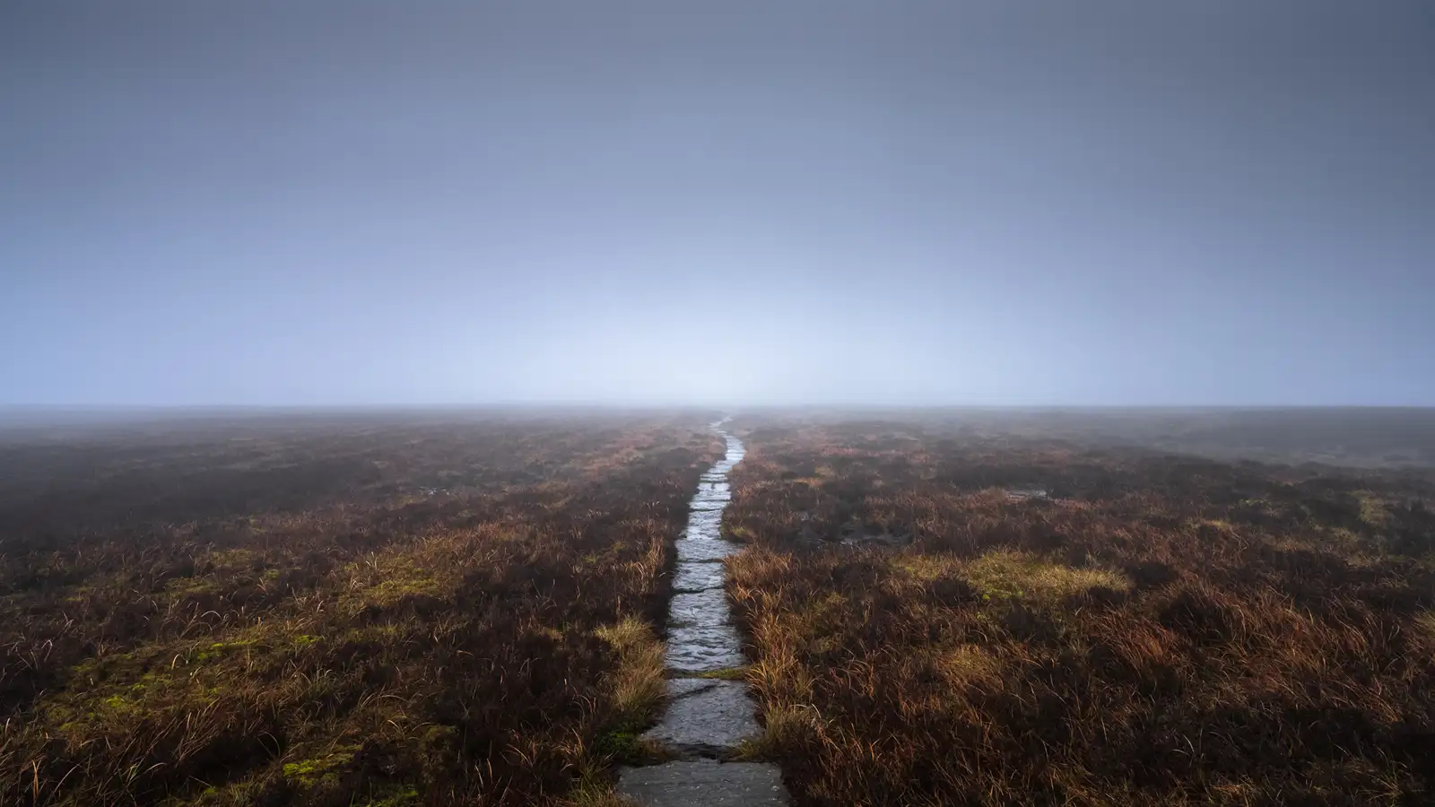 A narrow stone path winds through a misty moorland, surrounded by brown and green grass. The sky is overcast with dense fog obscuring the horizon, creating a mysterious atmosphere.