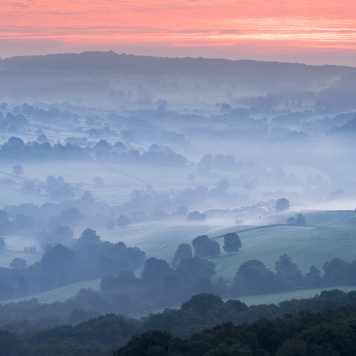 Autumn Mists: A dawn sky with gradients from deep blue to warm pink overlooks mist-veiled, undulating countryside with trees and hedgerows defining patchwork fields.