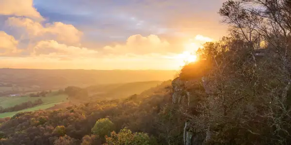 Golden sunset lighting up a vast landscape with rolling hills and fields in the background. The foreground features a rocky hillside with sparse trees, their branches silhouetted against the vibrant sky. Soft clouds are illuminated by the sun, creating a warm glow across the scene.