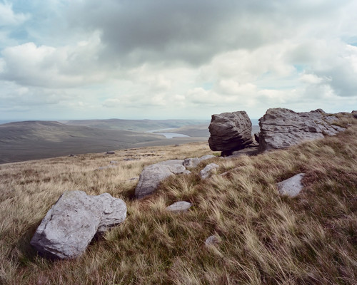 Moorland Landscapes: Rolling hills of North Yorkshire moorland under a vast sky with scattered clouds. Foreground shows tufted grass and scattered rocks, midground reveals undulating landscape, and a sliver of water nestles in a distant valley. a field with a mountain in the background