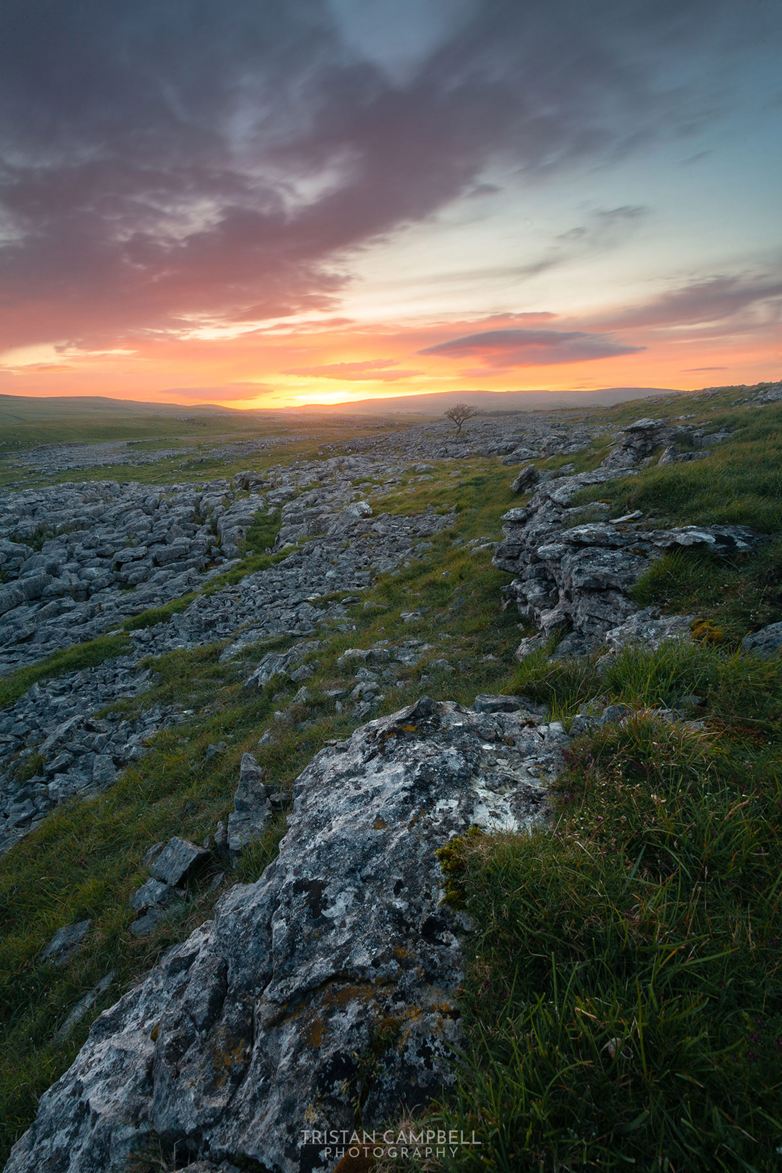 Sunset over a rocky landscape with scattered green grass and a single tree on the horizon. The sky is filled with dramatic clouds tinged with orange and pink hues.