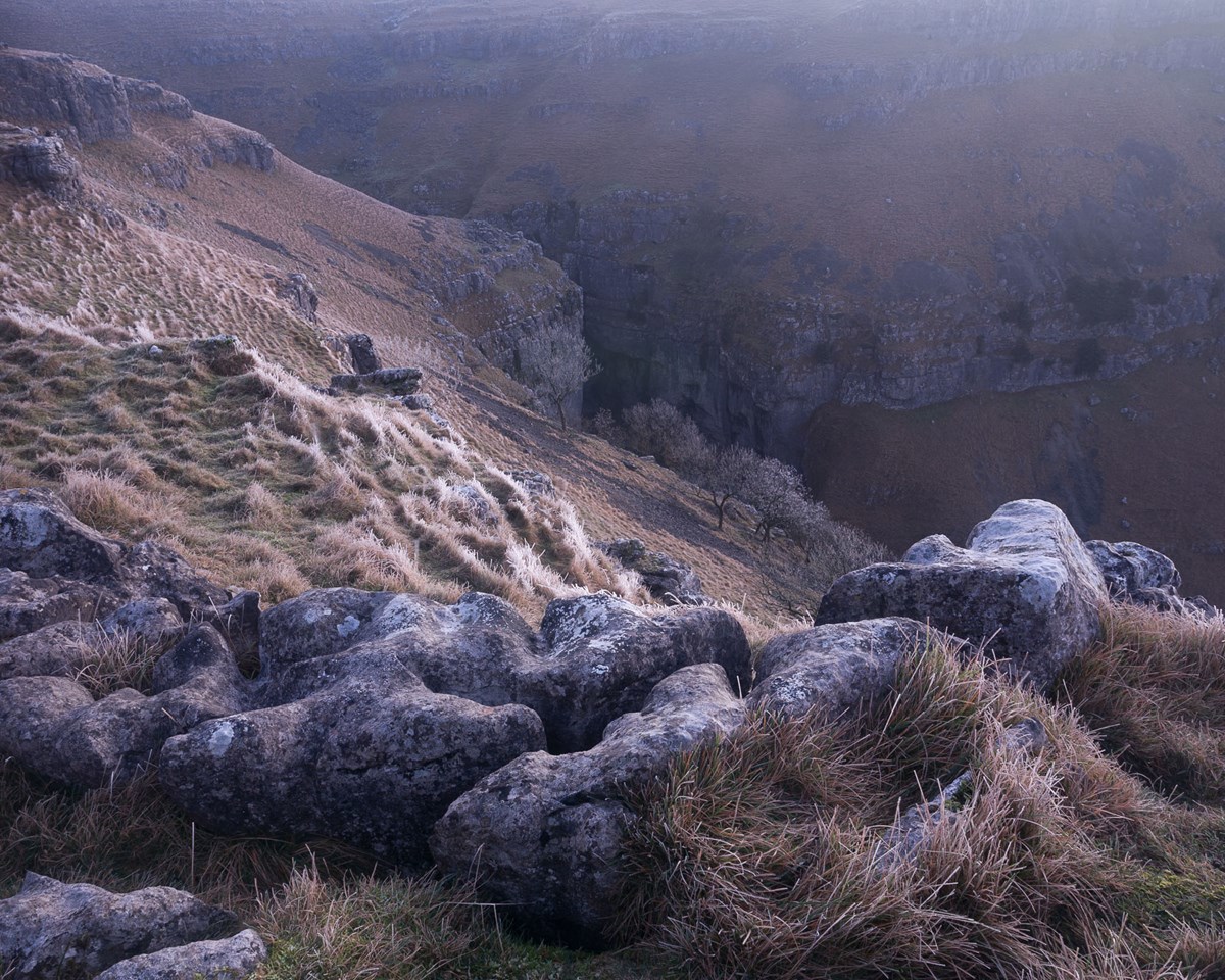 A rugged landscape with windswept grasses and lichen-covered rocks in the foreground. Beyond lies a deep limestone ravine edged by sheer cliffs, under a dusky sky in Yorkshire Dales. a pile of rocks