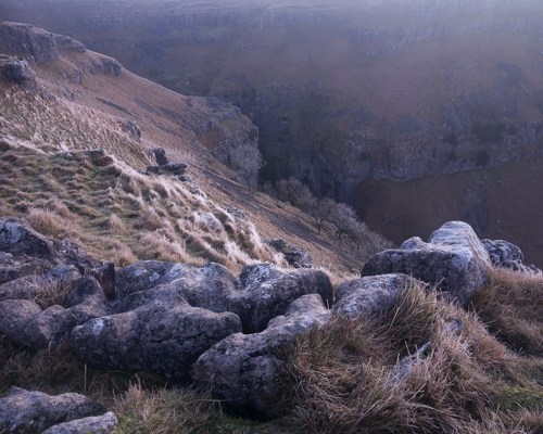 Yorkshire Dales: Limestone and Lone Trees: A rugged landscape with windswept grasses and lichen-covered rocks in the foreground. Beyond lies a deep limestone ravine edged by sheer cliffs, under a dusky sky in Yorkshire Dales. a pile of rocks