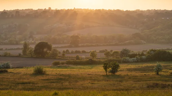 Rolling farmland and hedgerows bathed in golden sunrise haze, with a hilltop village on the horizon in spring