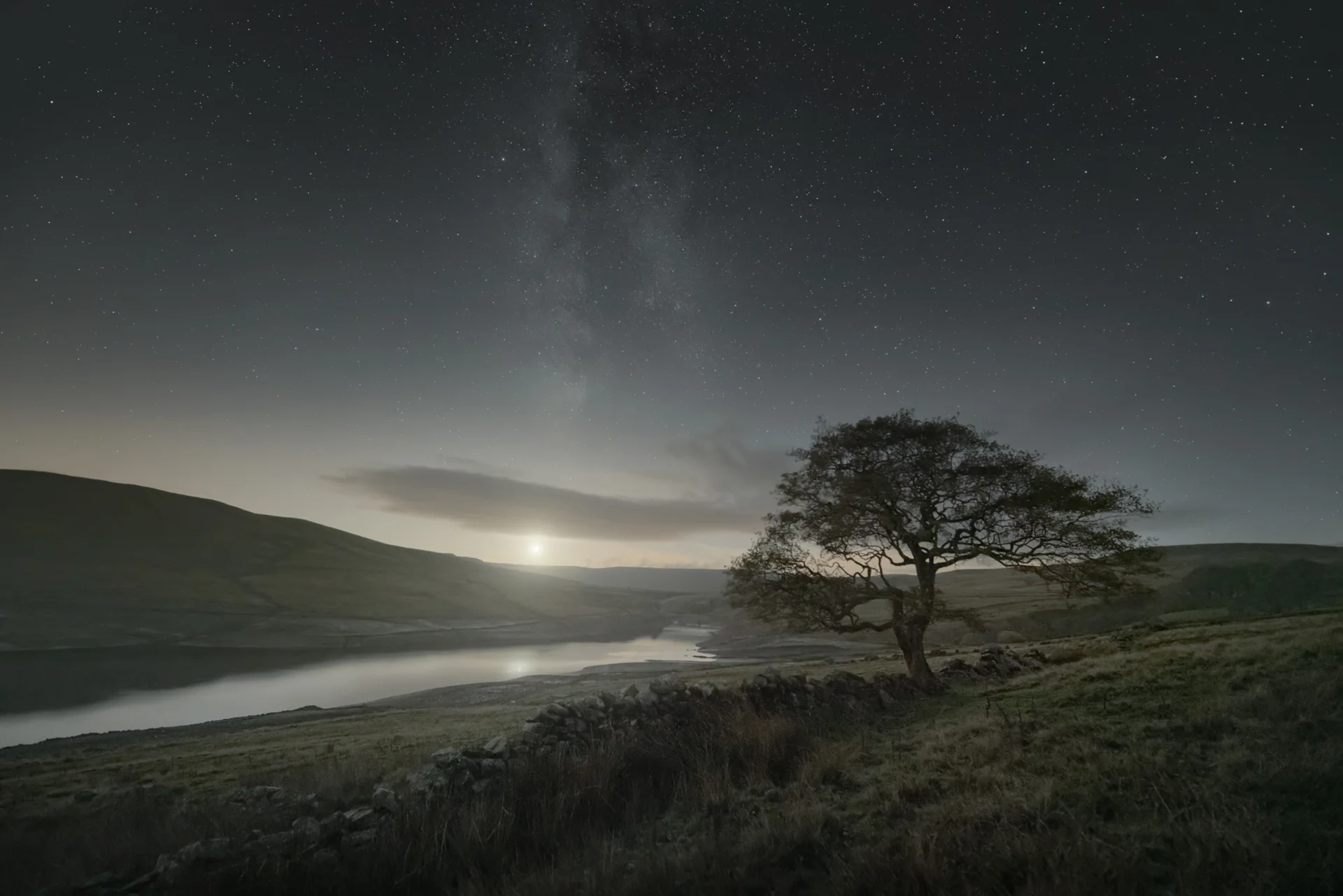 A solitary tree stands in the serene countryside of North Yorkshire at night. Rolling hills frame a tranquil reservoir, its surface reflecting the light of a near-full moon nestled on the horizon. Above, a clear sky reveals the Milky Way's cosmic splendour, stars dotting the expanse. A stone wall gently meanders across the grassy foreground.