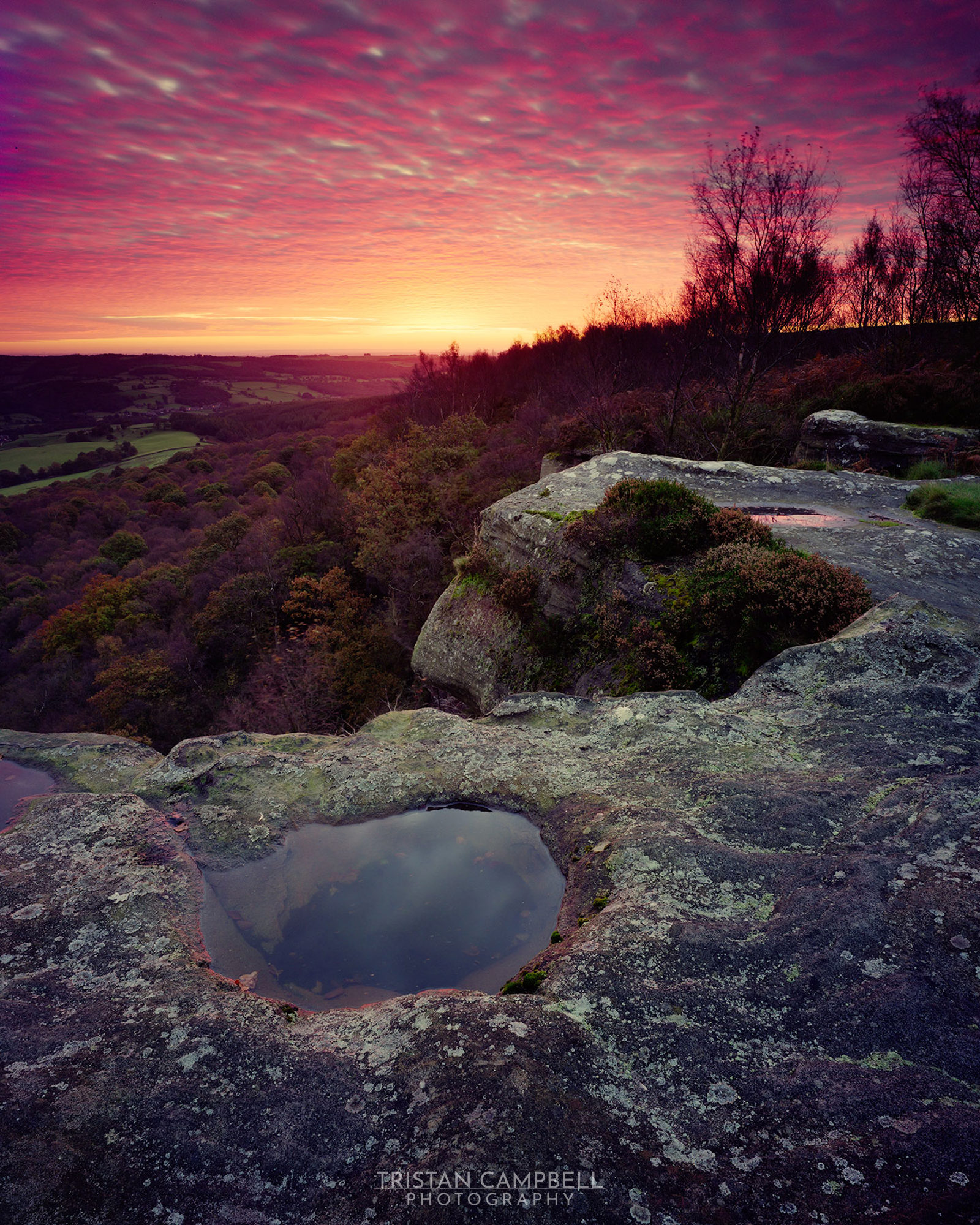 Rocky landscape with a small pool of water reflecting the vibrant, colourful sunset sky. The horizon shows a mix of trees and distant fields, with a line of silhouetted trees on the right. The sky is filled with swirling pink and purple clouds, creating a dramatic and serene scene.