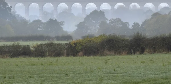 Arched railway viaduct rising through mist above hedgerows and frosty farmland on an autumn morning