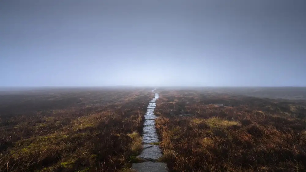 A narrow stone path winds through a misty moorland, surrounded by brown and green grass. The sky is overcast with dense fog obscuring the horizon, creating a mysterious atmosphere.