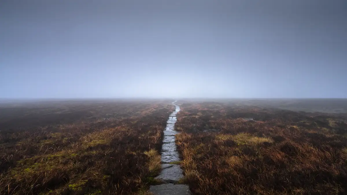 A narrow stone path winds through a misty moorland, surrounded by brown and green grass. The sky is overcast with dense fog obscuring the horizon, creating a mysterious atmosphere.