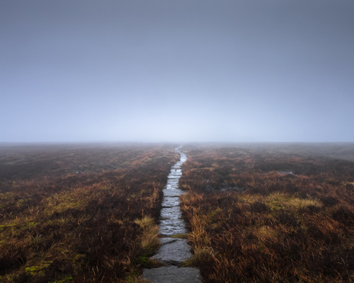 Moorland Landscapes: Nestled in North Yorkshire, a solitary pathway cuts through a moorland swathed in mist. The weathered path, bordered by tufts of russet grasses, stretches into an opaque horizon, evoking a serene, mystical ambiance under a soft, overcast sky. a river running through a grassy area