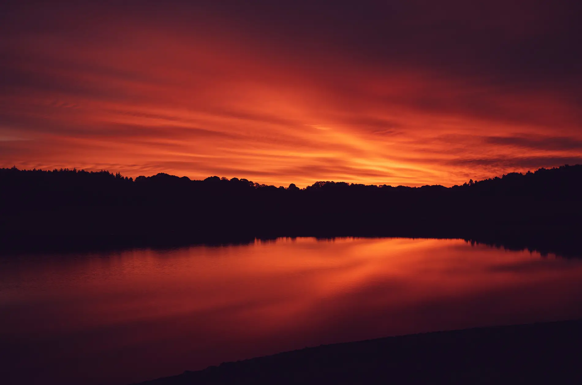 Fiery orange and red sunset reflected in a still lake with silhouetted tree-lined shore