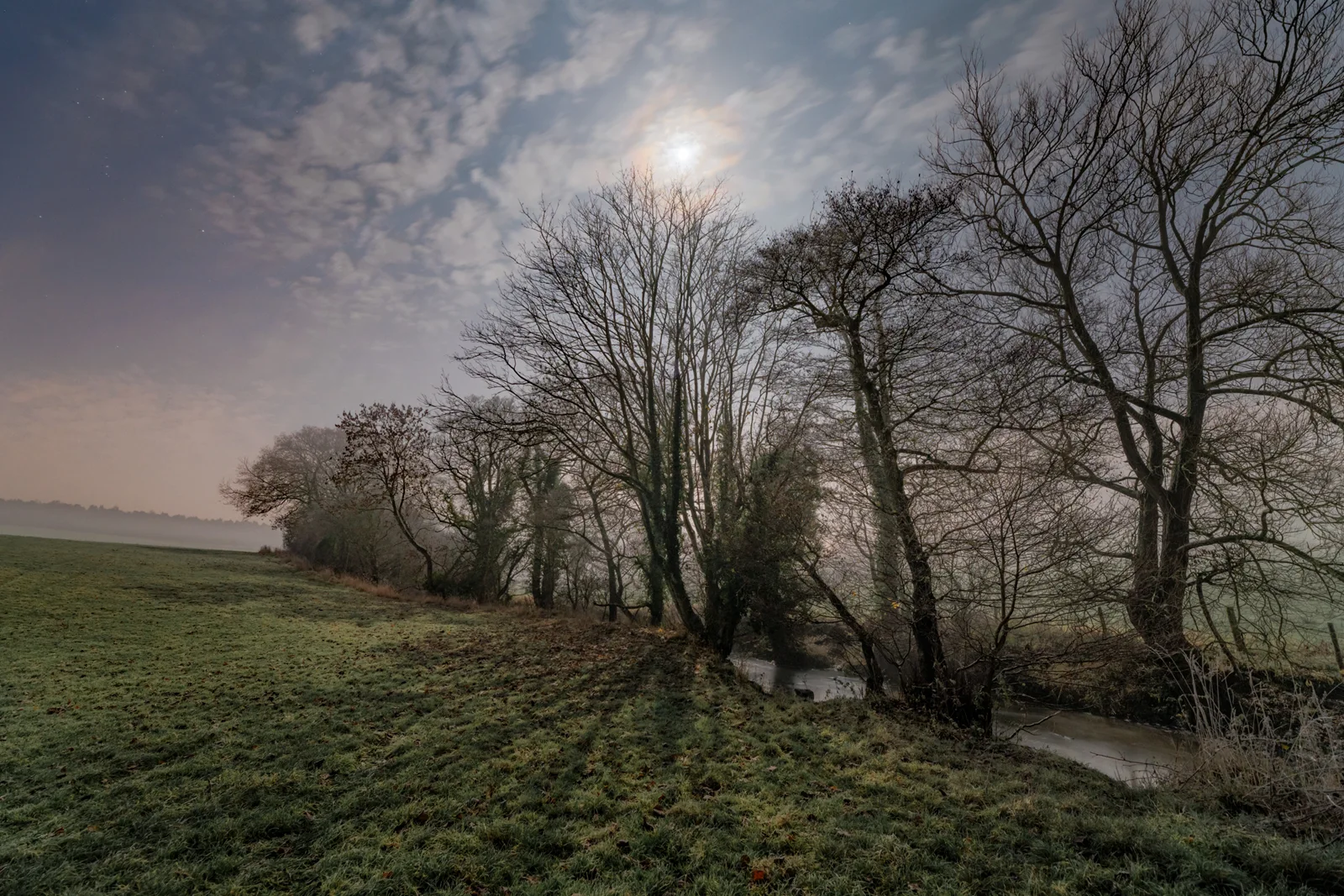 Bare deciduous trees line a winding stream through a sloping green meadow beneath a cloudy sky with bright sun.
