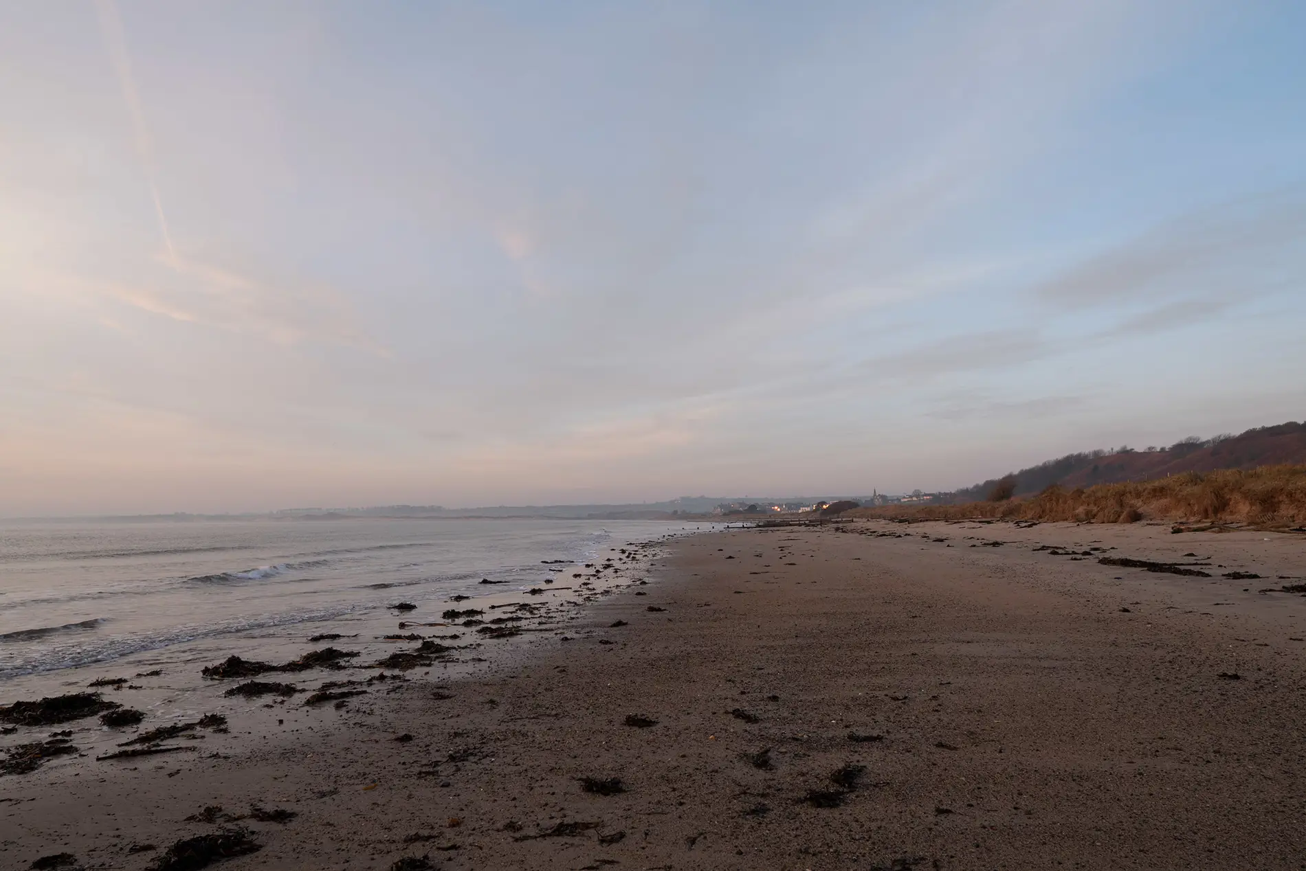 Sandy coastal beach at dawn with seaweed strandline, gentle waves and a distant town beneath a pale winter sky