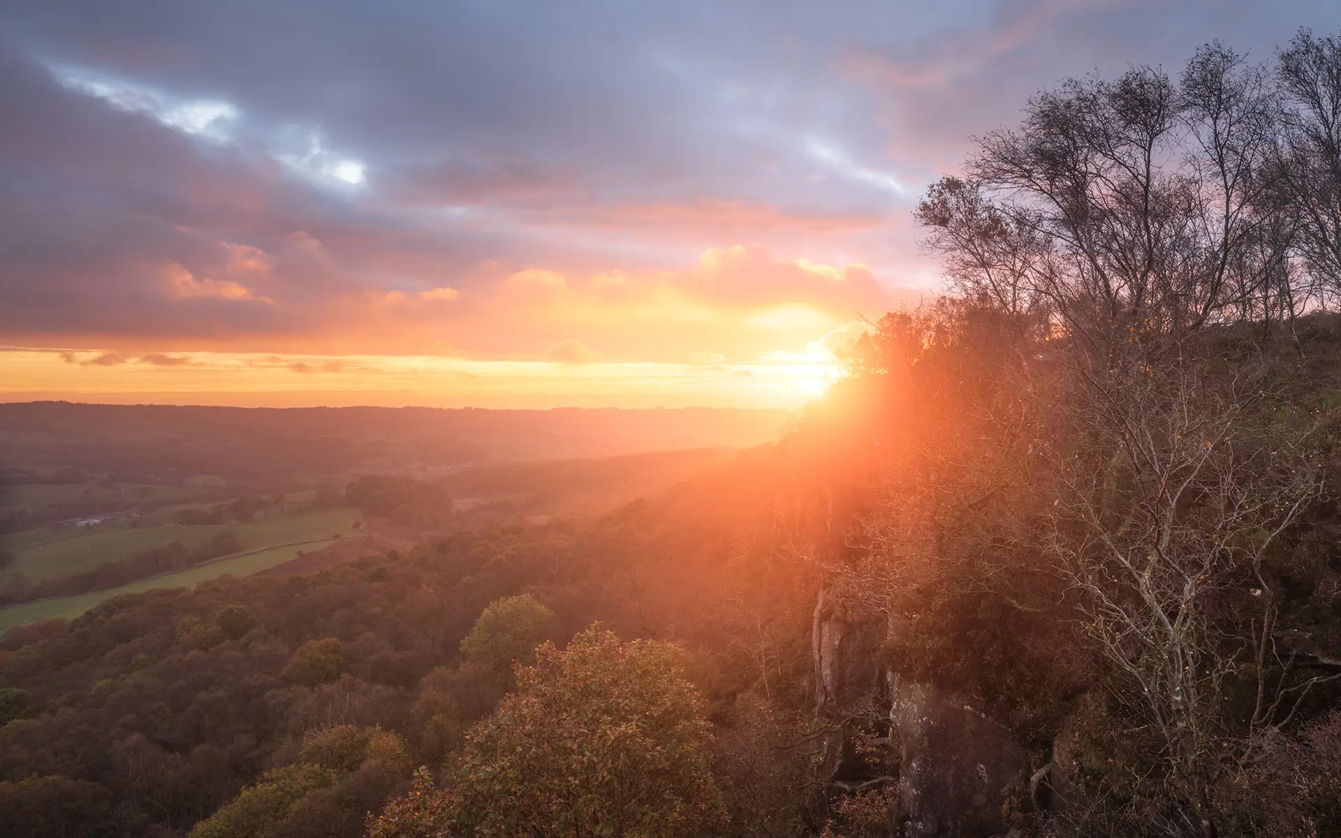 Sunset over a hilly landscape, with the sun casting a warm golden glow across the sky and clouds. The foreground features dense woodland, with bare trees extending into the horizon. The sunlight creates a soft, hazy effect over the scenery.