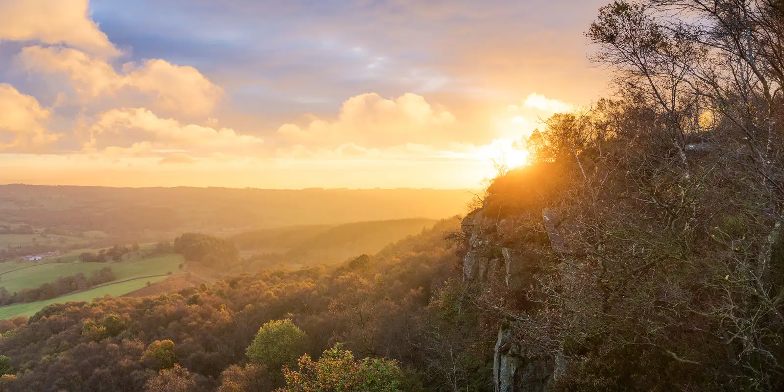 Golden sunset lighting up a vast landscape with rolling hills and fields in the background. The foreground features a rocky hillside with sparse trees, their branches silhouetted against the vibrant sky. Soft clouds are illuminated by the sun, creating a warm glow across the scene.
