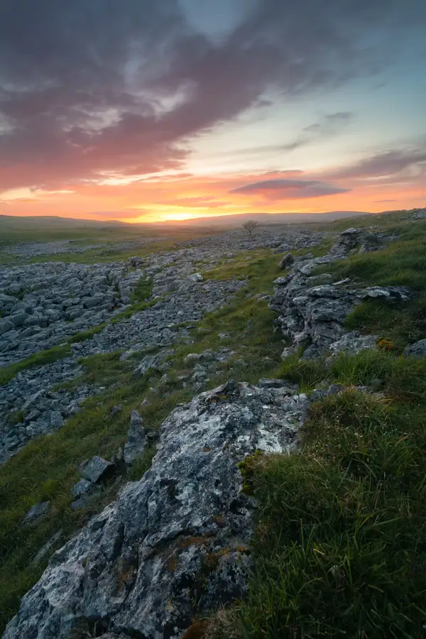 Sunset over a rocky landscape with rugged limestone formations and patches of green grass. The sky is filled with vibrant hues of orange, pink, and purple, contrasted by dark clouds. A single tree is silhouetted against the horizon in the distance, adding to the serene and dramatic scene.