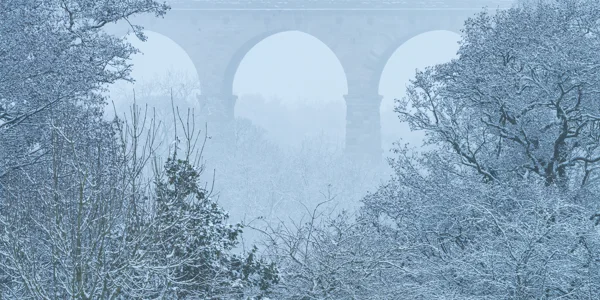 Stone railway viaduct arches rising through mist above snow-covered woodland trees in winter