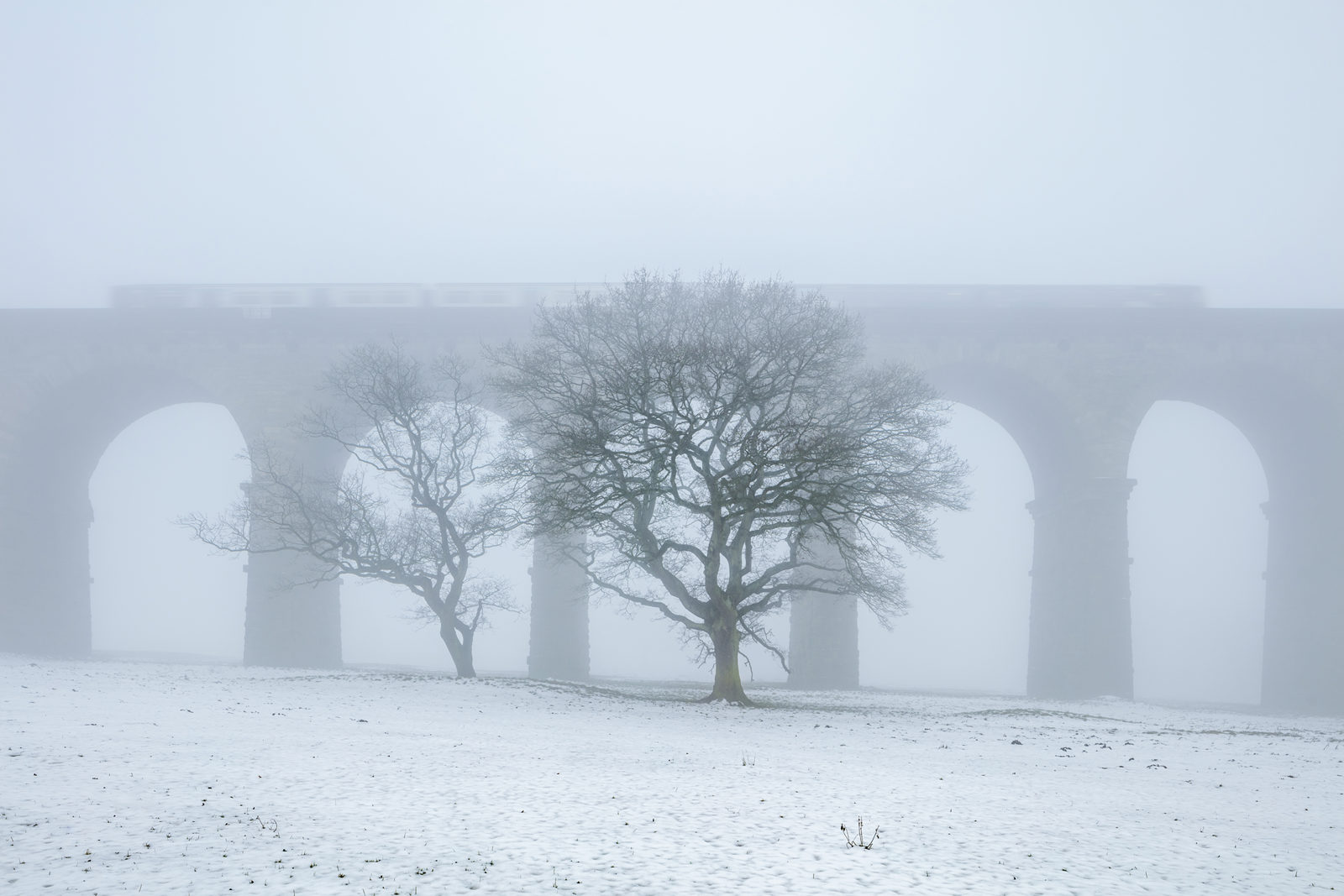 A train passes over the Crimple Valley Viaduct on a cold winter day 