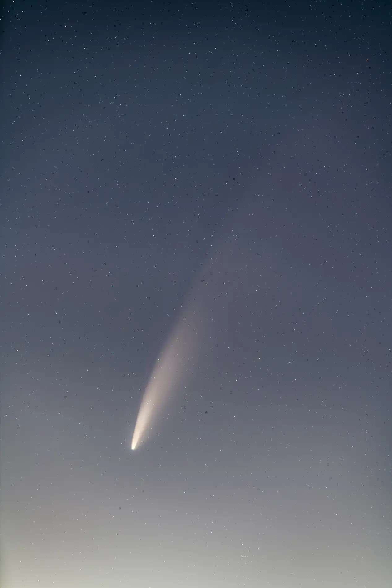Comet NEOWISE with bright tail streaking across a star-filled twilight sky above a glowing horizon