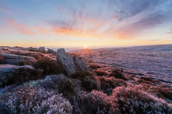Sunrise over a frost-covered moorland with scattered rocks and rugged terrain in the foreground. The sun casts warm orange and pink hues across the sky, mingling with wispy clouds. The landscape is bathed in soft, early light, highlighting the textures of the heather and grasses.