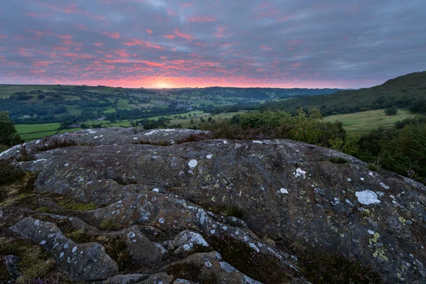 Lichen-covered moorland outcrop above a green valley at sunrise with a pink and grey cloudy sky