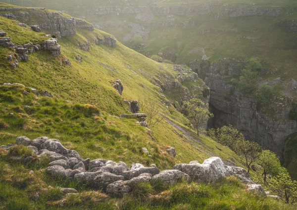 Limestone outcrops and grassy slopes of a misty moorland gorge in soft morning light