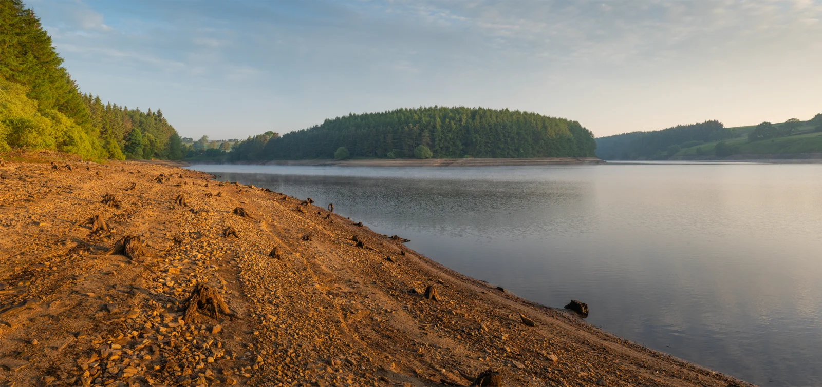 Exposed pebbly shoreline of a forested reservoir at dawn, with mist on calm water under a soft summer sky