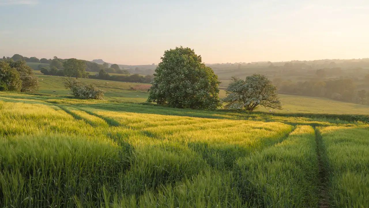 Rolling green fields stretch into the distance under a soft, pastel sky, illuminated by the warm glow of a low sun. In the midground, two large trees stand amidst the grassy expanse dotted with distant sheep. The landscape features gentle slopes and a peaceful, rural atmosphere.
