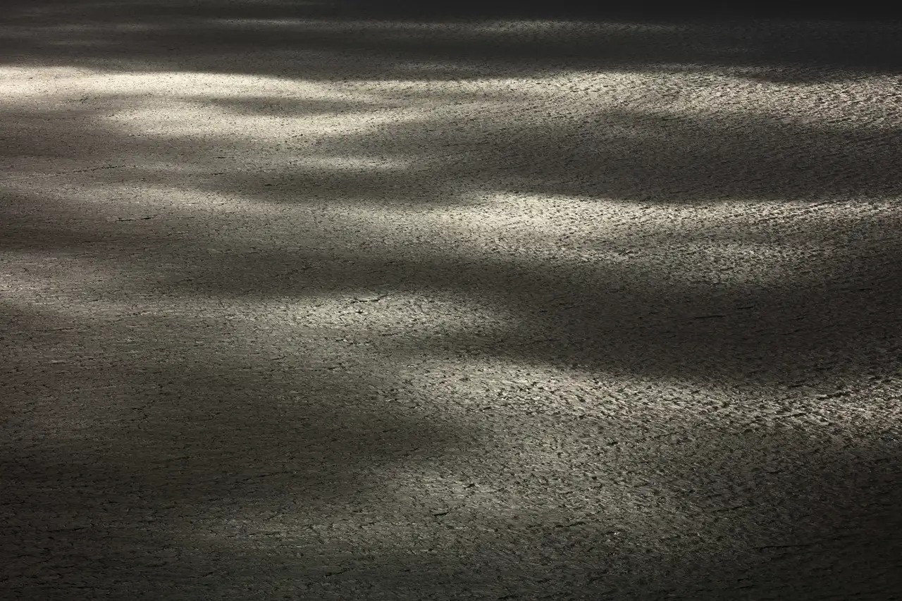 Subtle light patterns cast across a textured, cracked earth surface, creating contrasting areas of shadow and illumination. The overall tone is earthy and muted, highlighting the rugged ground.