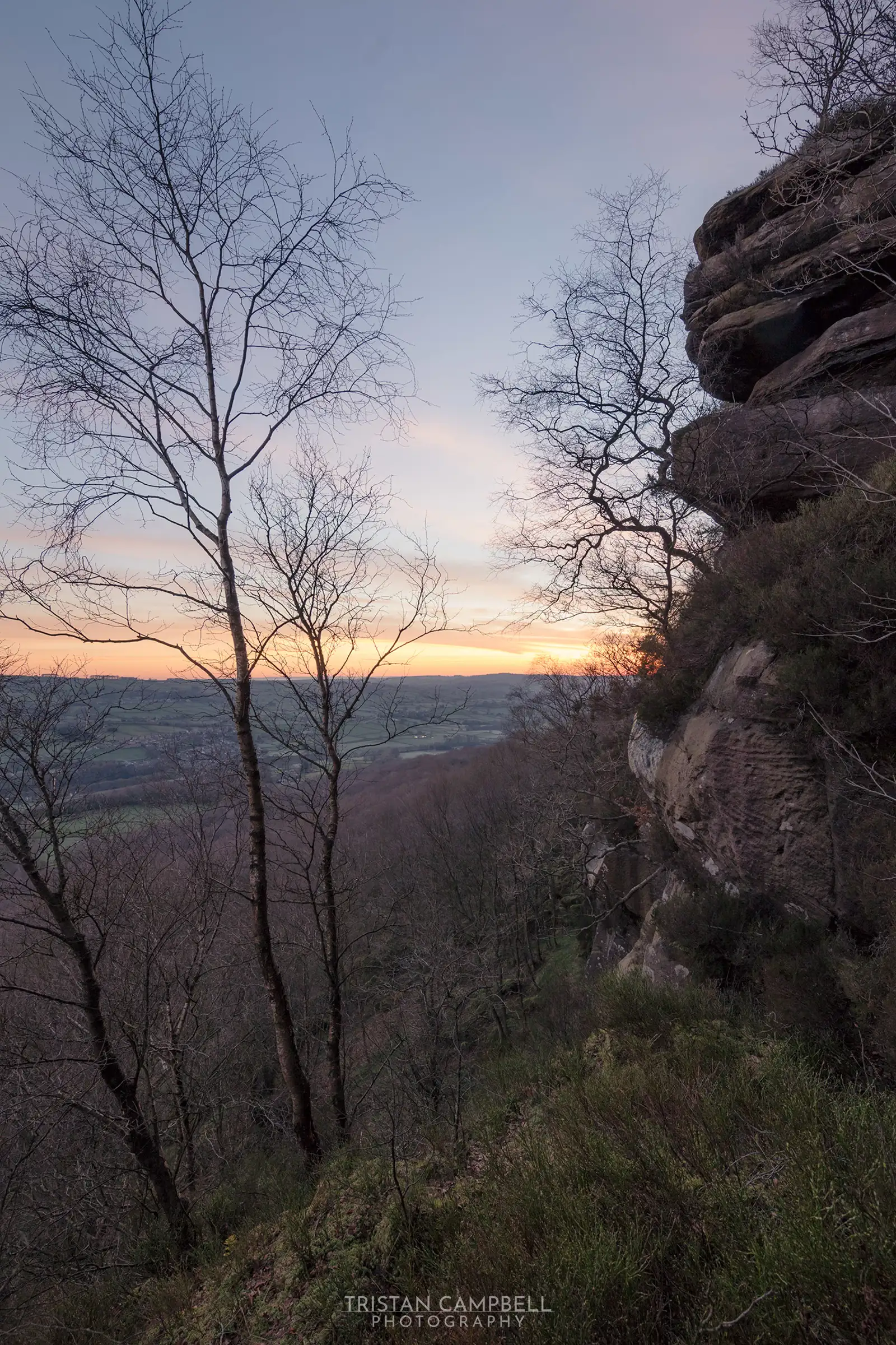 Bare trees stand on a steep hillside, overlooking a vast landscape of rolling hills and fields. The foreground features rocky outcrops on the right. The sky is painted in soft hues of orange and blue as the sun begins to set, casting a warm glow over the scene.