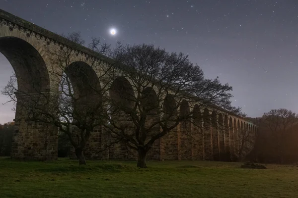 Crescent moon and stars above a stone railway viaduct with bare winter trees on grassland at night