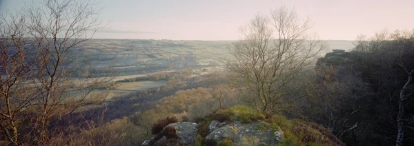 Patchwork valley of frosty fields and woodland seen from a gritstone edge with bare trees at dawn