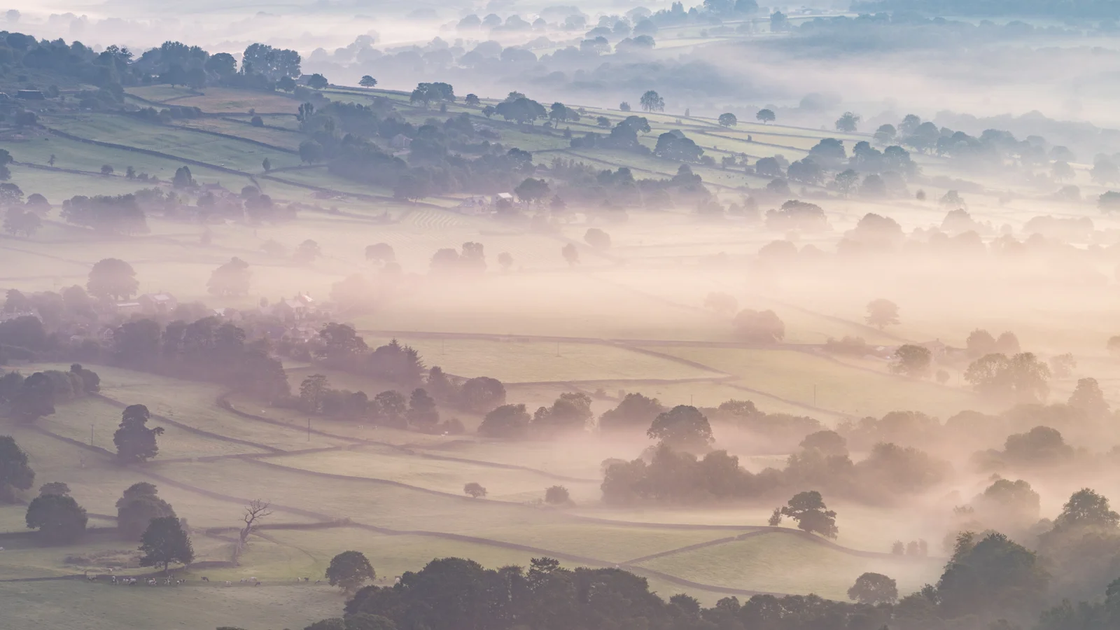 Mist drifting over patchwork fields, hedgerows and trees in a rural valley at dawn
