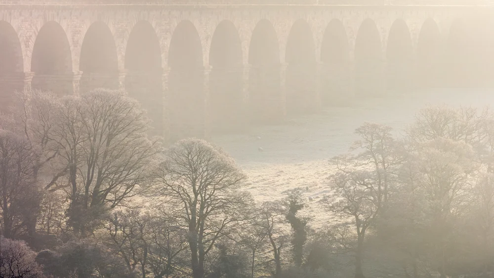 Stone railway viaduct rising above mist-shrouded valley with frosted trees at dawn on a winter morning