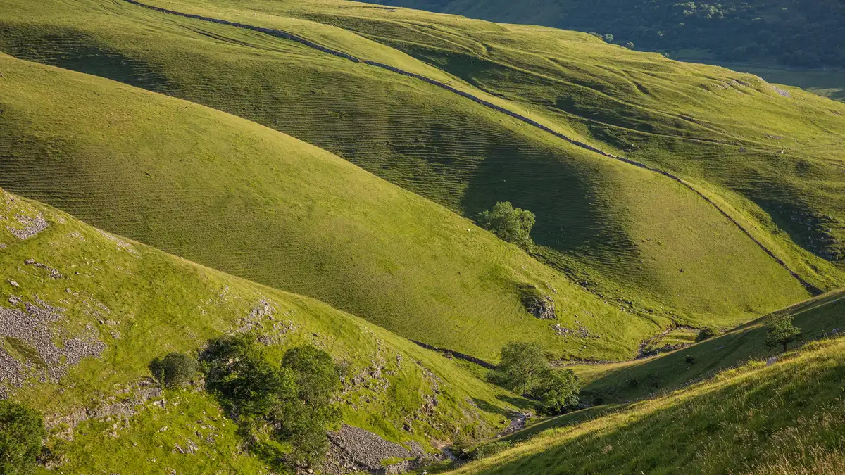 Sunlit rolling hills covered in lush green grass, with a stone wall extending diagonally across the landscape. Shadows create a texture on the hills, and a few small trees are scattered near rocky outcrops.