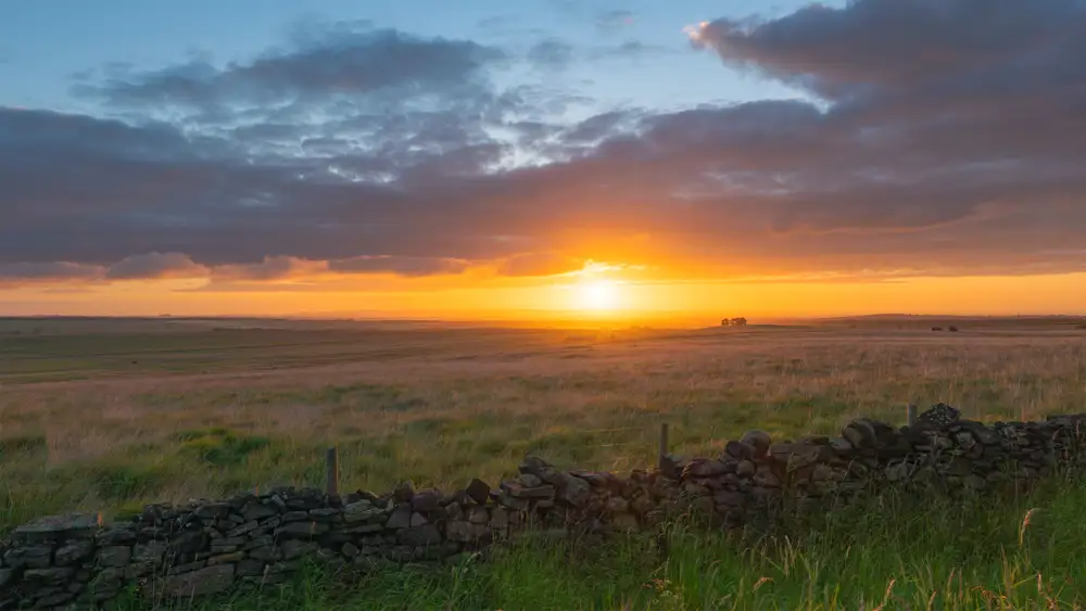 Sunset over a grassy field with a dry stone wall in the foreground. The sky is filled with scattered clouds, with the sun casting a warm orange and yellow glow on the landscape. Distant trees are silhouetted against the bright horizon.