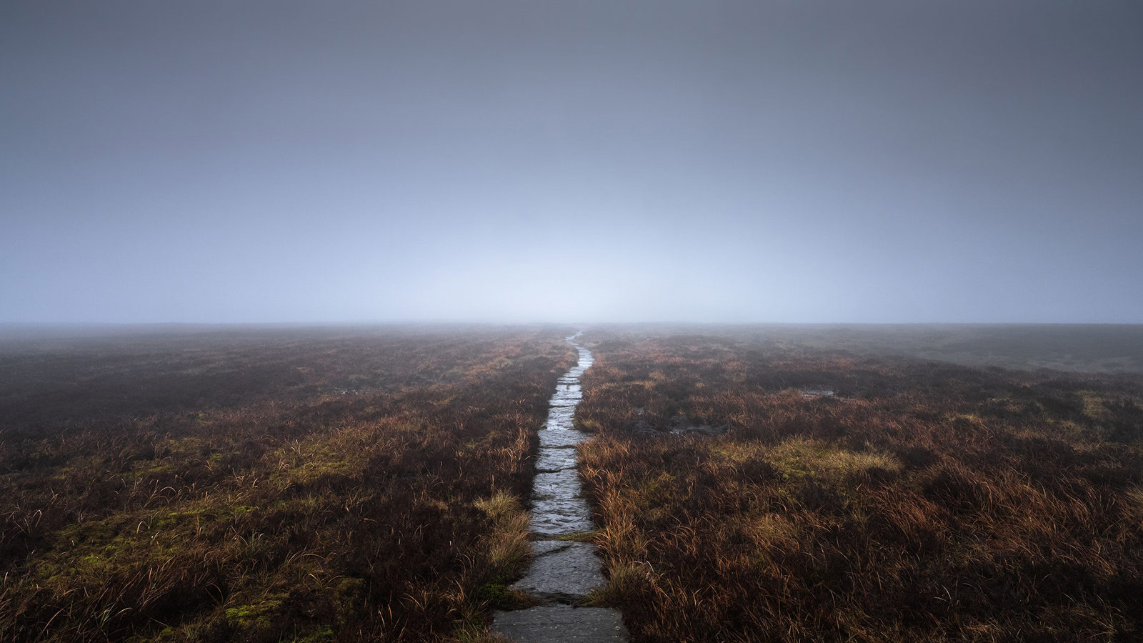 A narrow stone path winds through a misty moorland landscape. The ground is covered with patches of brown and green grasses, and the horizon is obscured by a thick, grey fog, creating a sense of mystery and solitude.