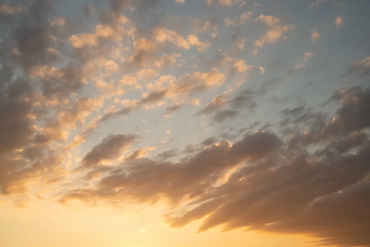 Scattered clouds glowing gold and pink across a sky at sunset, with golden light along the horizon