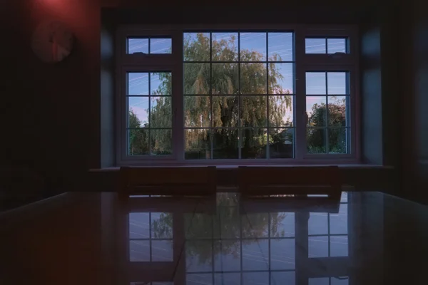 Weeping willow framed by a leaded bay window at dusk with star trails, reflected on a dark glossy floor.