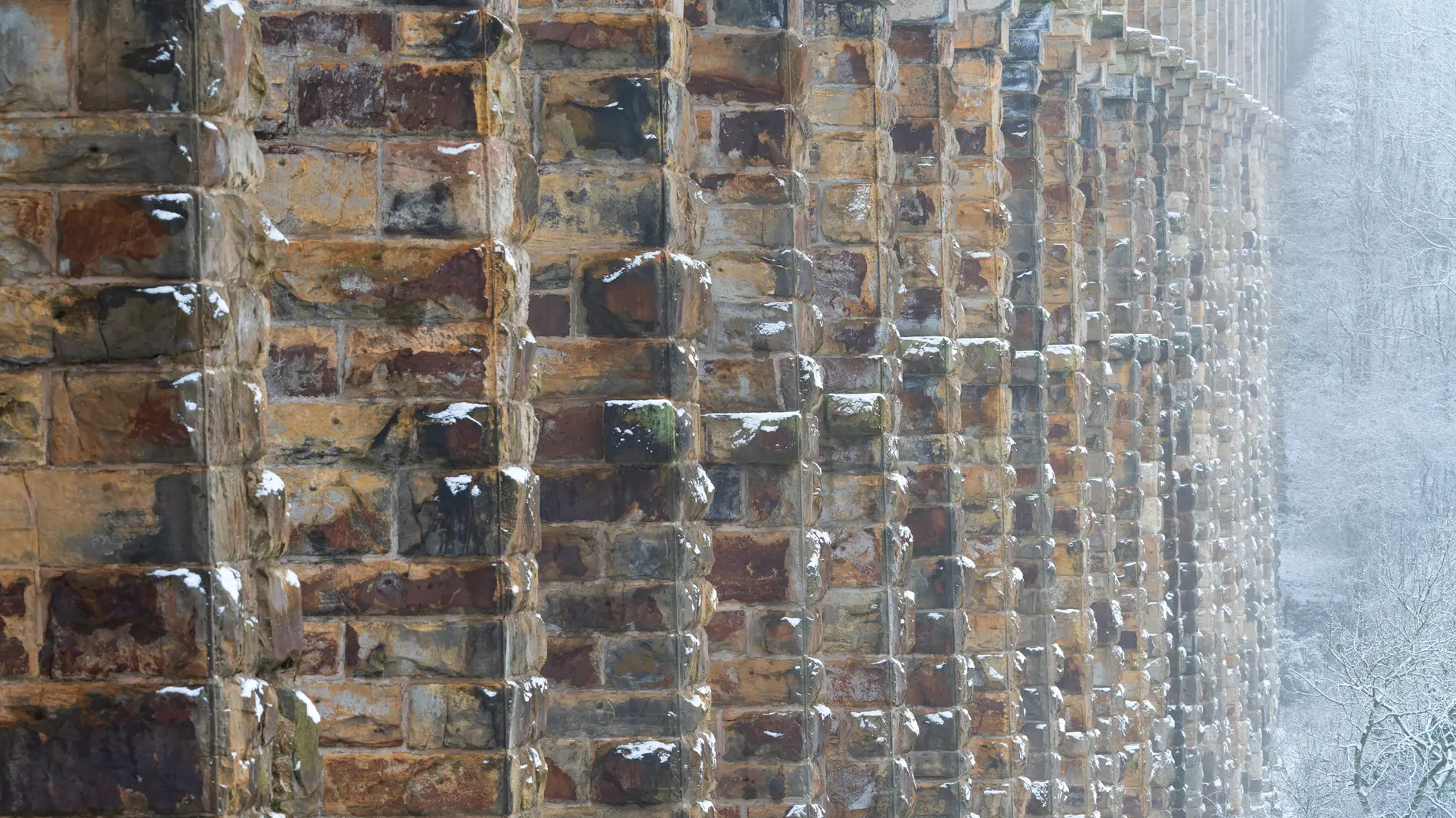 Snow-dusted stone viaduct piers curving through frosted woodland in misty winter light