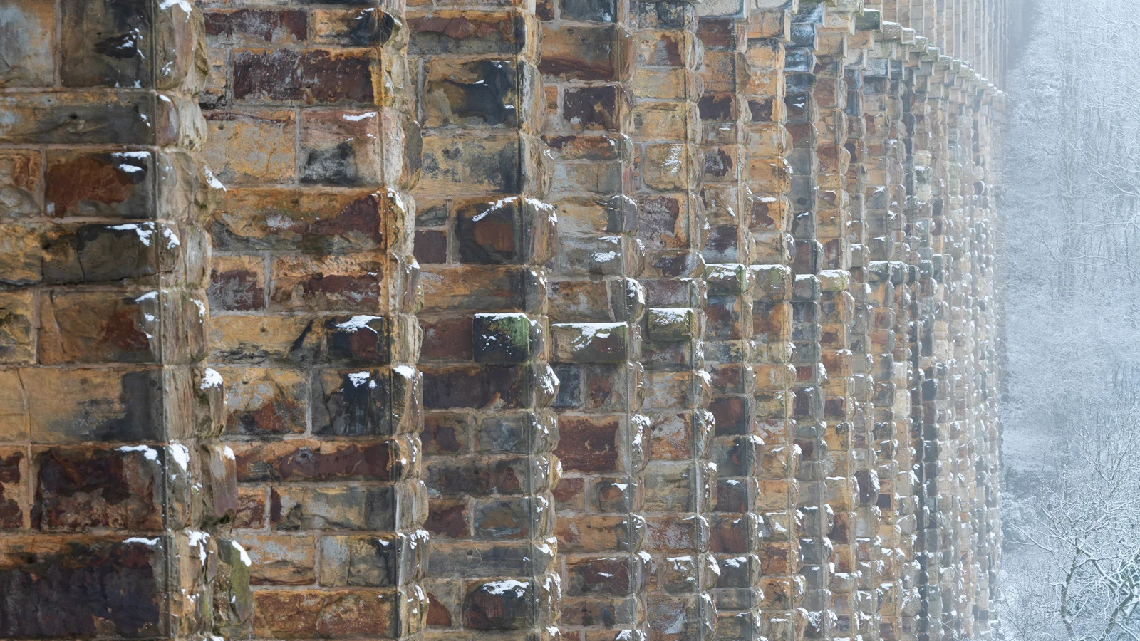 Snow-dusted stone viaduct piers curving through frosted woodland in misty winter light