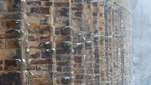 Snow-dusted stone viaduct piers curving through frosted woodland in misty winter light