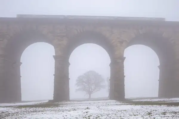 A stone viaduct with three large arches stands in a foggy landscape. A train is faintly visible on top, blurred by mist. Below, a solitary leafless tree is seen through the central arch. The ground is covered in patches of snow, adding to the wintry atmosphere.